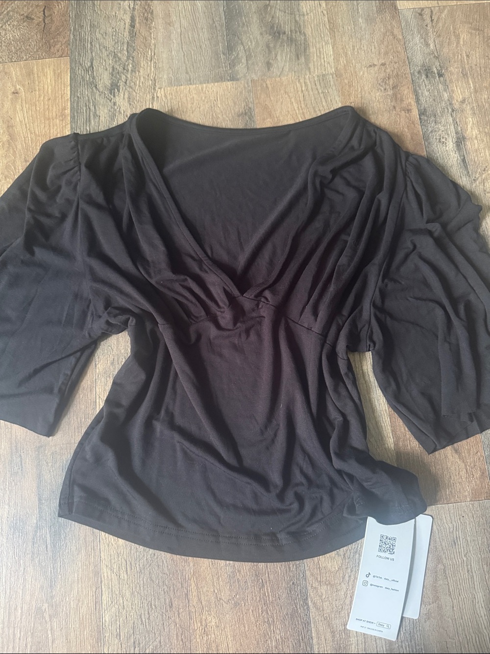 Women's Black V-Neck Gathered Front Blouse